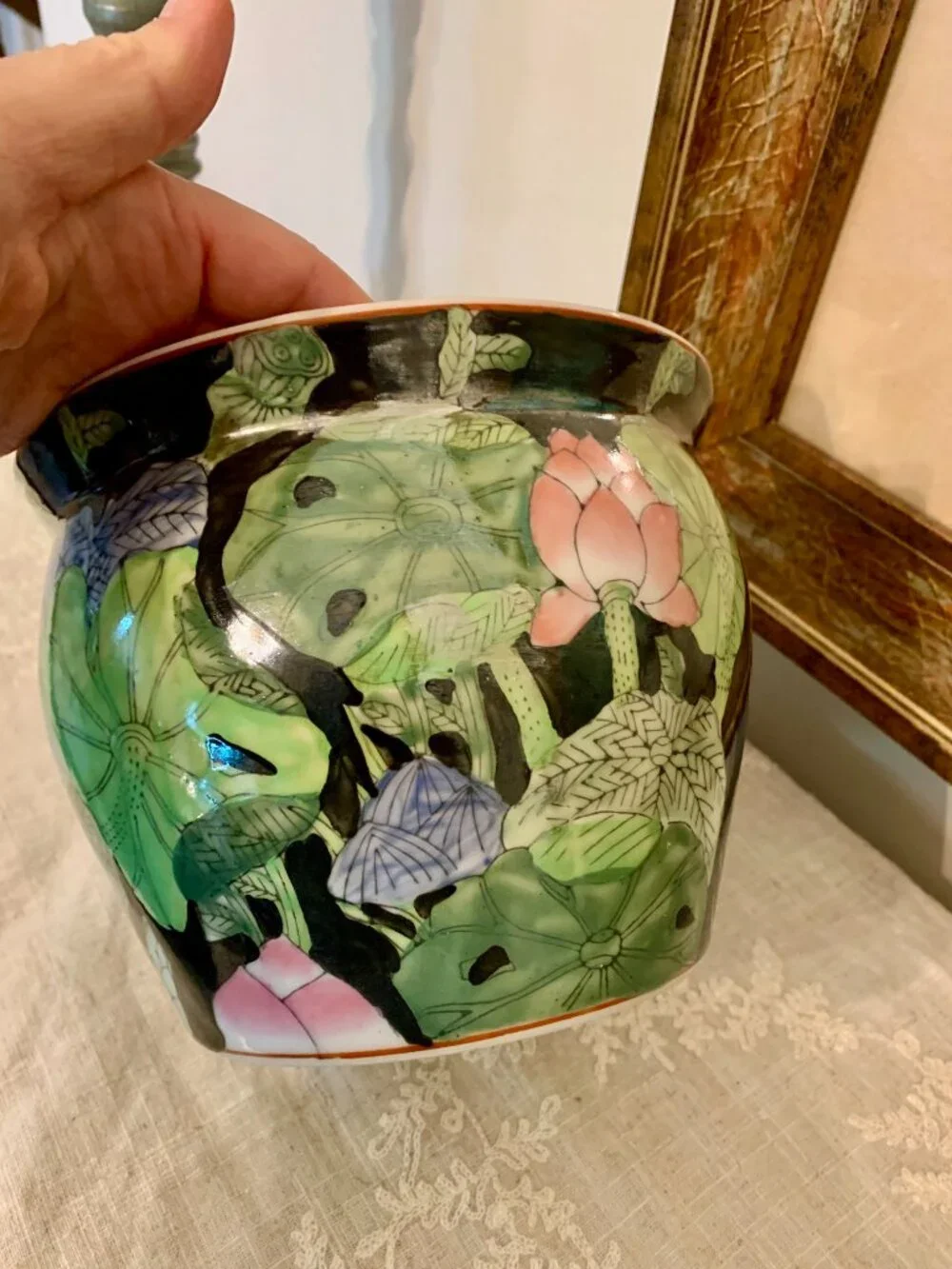 Vintage Chinese Porcelain Famille Noir Hand Painted Chinoiserie Garden Planter - Picture 3 of 8